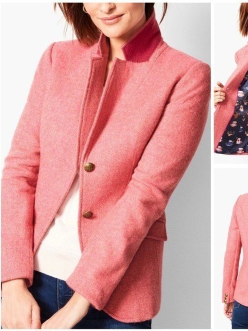 Talbots Womens Aberdeen Wool Blazer Pink Herringbone 8P Preppy Academia Classic